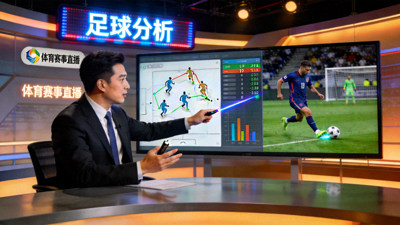 足球专家在演播室通过大屏幕分析球员表现和比赛走势
